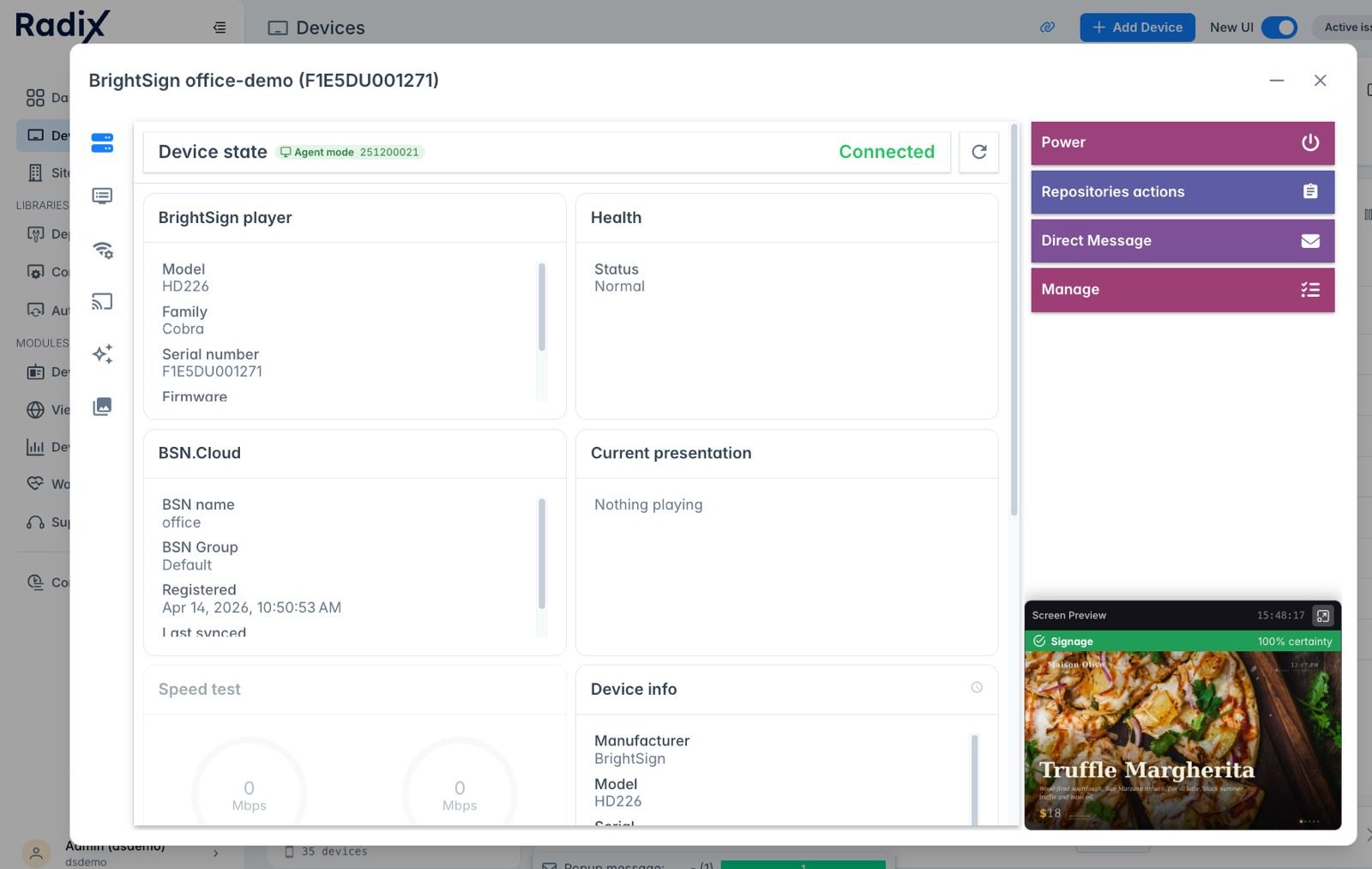 Radix console showing a BrightSign player: model and firmware, BSN.cloud registration, health status and a live screen preview